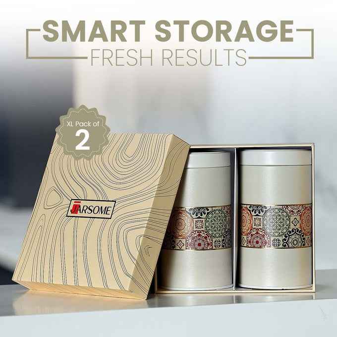 Mandala Beige Rangoli 1400ml Food Grade Metal Jars Set of 2 X-L Size - Jarsome