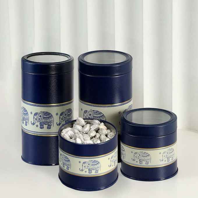 Mandala Blue Elephant 450ml & 1150ml Food Grade Metal Jars. Set of 4 (2S+2L) Size