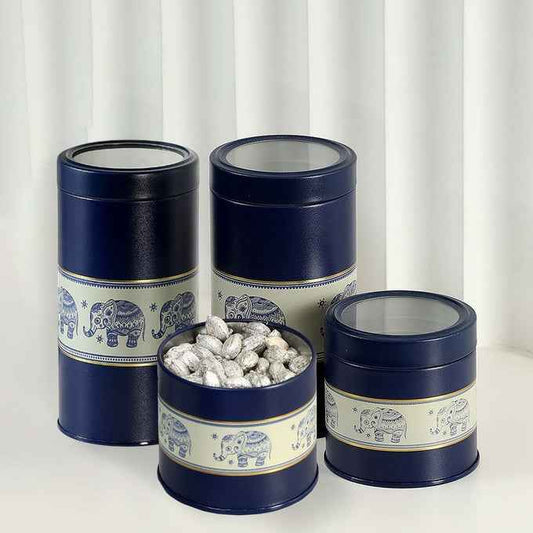 Mandala Blue Elephant 450ml & 1150ml Food Grade Metal Jars. Set of 4 (2S+2L) Size