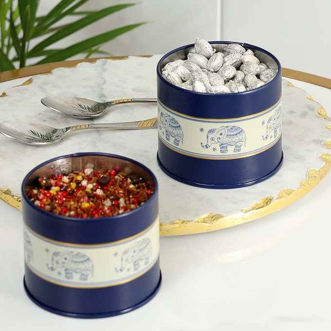 Mandala Blue Elephant 450ml Food Grade Metal Jars Set of 2 S Size