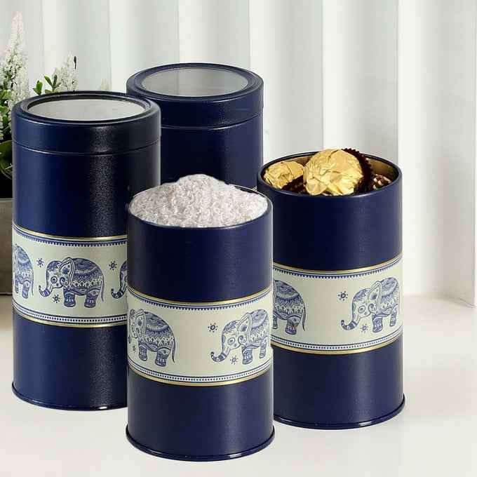 Mandala Blue Elephant 850ml & 1450ml Food Grade Metal Jars Set of 4 (2M+2XL)  Size