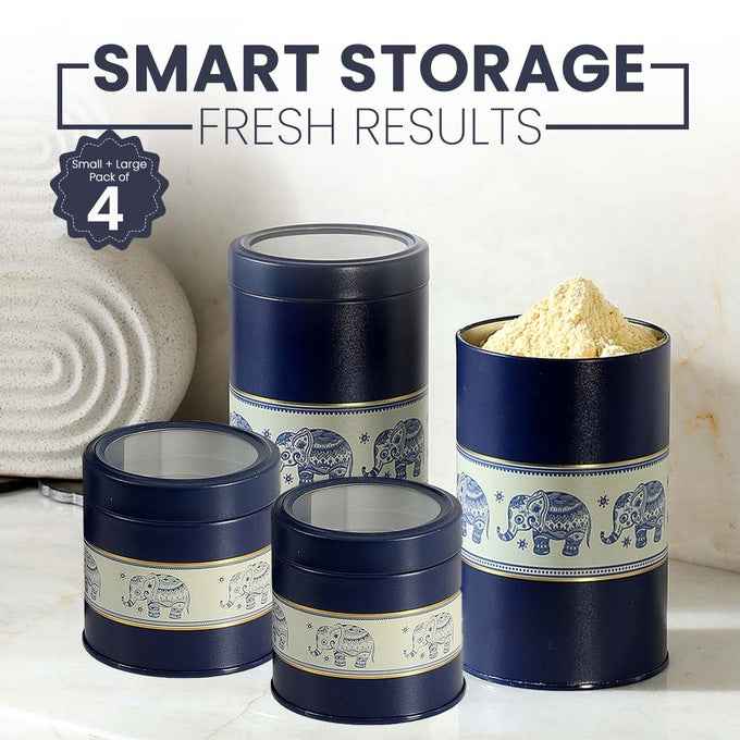 Mandala Blue Elephant 450ml & 1150ml Food Grade Metal Jars. Set of 4 (2S+2L) Size