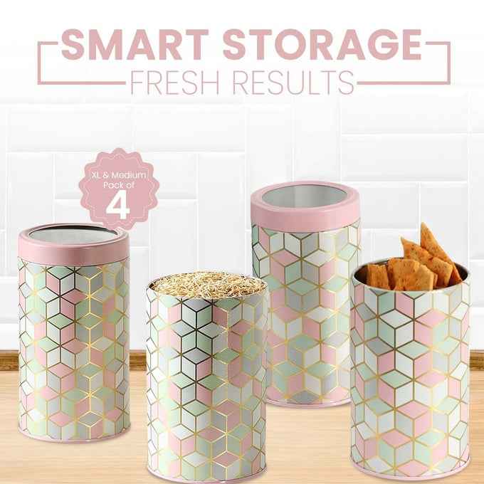 `Moroccan Pink Pastel 850ml & 1450ml Airtight Lid Jars Set of 4 (2M+2XL) Size - Jarsome