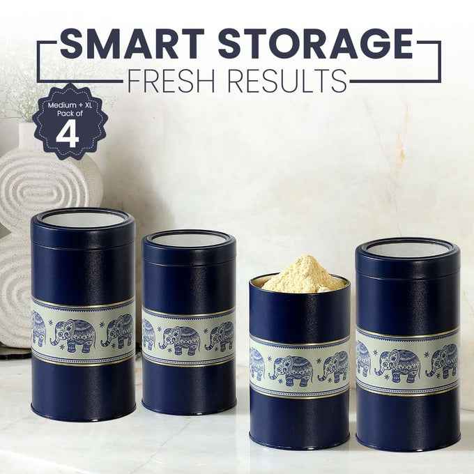 Mandala Blue Elephant 850ml & 1450ml Food Grade Metal Jars Set of 4 (2M+2XL)  Size