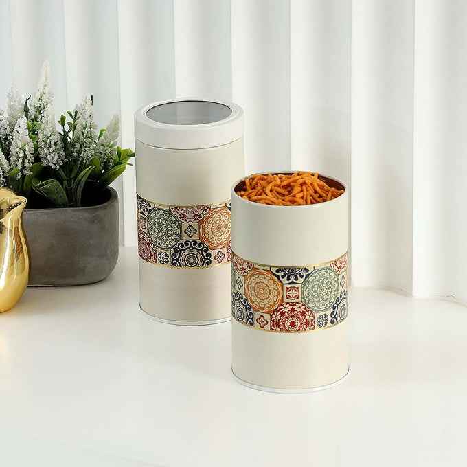 Mandala Beige Rangoli 850ml Food Grade Metal Jars Set of 2 M Size - Jarsome