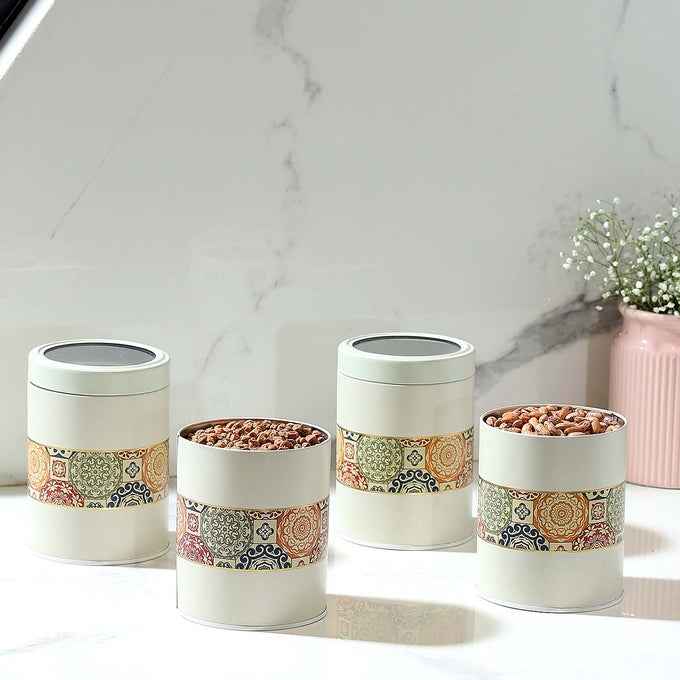 Mandala Beige Rangoli 1100ml Food Grade Metal Jars Set of 4 L Size - Jarsome