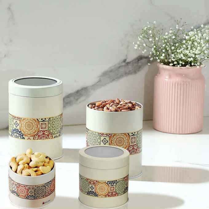 Mandala Beige Rangoli 450ml & 1100ml Food Grade Metal Jars Set of 4 (2S+2L) Size - Jarsome