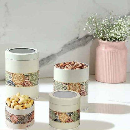 Mandala Beige Rangoli 450ml & 1100ml Food Grade Metal Jars Set of 4 (2S+2L) Size - Jarsome