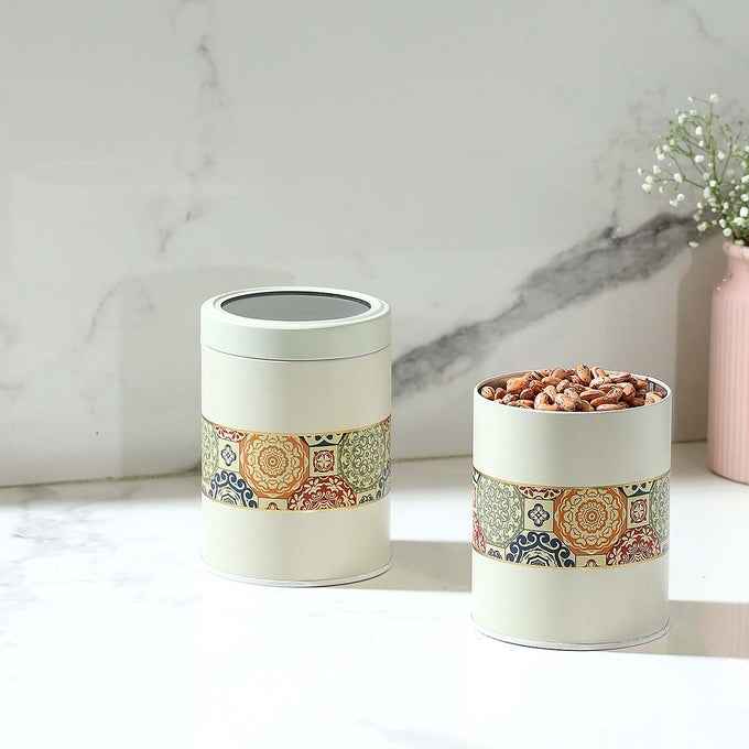 Mandala Beige Rangoli 1100ml Food Grade Metal Jars Set of 2 L Size - Jarsome