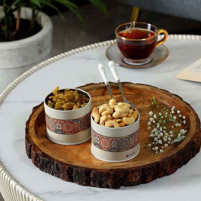 Mandala Beige Rangoli 450 ml Food Grade Metal Jars Set of 2 S Size - Jarsome