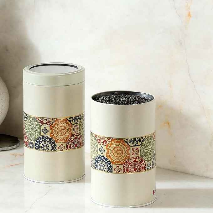 Mandala Beige Rangoli 1400ml Food Grade Metal Jars Set of 2 X-L Size - Jarsome