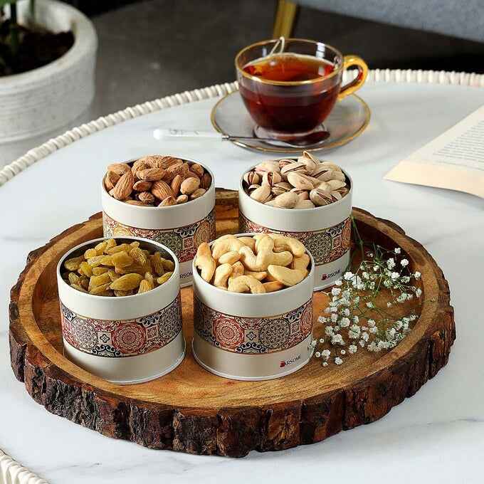 Mandala Beige Rangoli 450 ml Food Grade Metal Jars  Set of 4 S Size - Jarsome