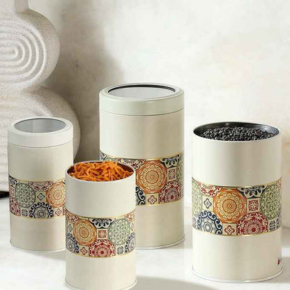 Mandala Beige Rangoli 850ml & 1400ml Food Grade Metal Jars Set of 4 (2M+2XL) Size - Jarsome