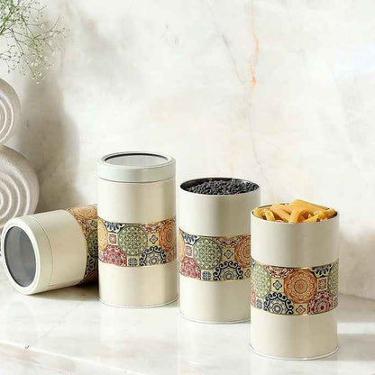 Mandala Beige Rangoli 1400ml Food Grade Metal Jars  Set of 4 X-L Size - Jarsome