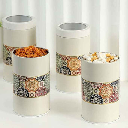 Mandala Beige Rangoli 850ml Food Grade Metal Jars Set of 4 M Size - Jarsome