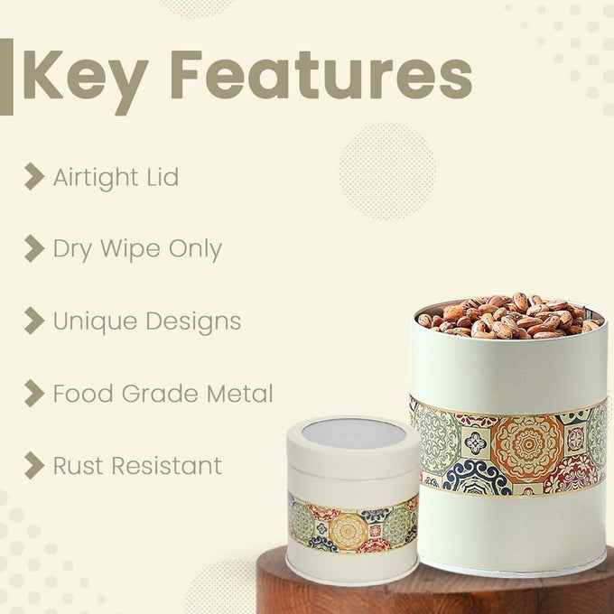 Mandala Beige Rangoli 450ml & 1100ml Food Grade Metal Jars Set of 4 (2S+2L) Size - Jarsome