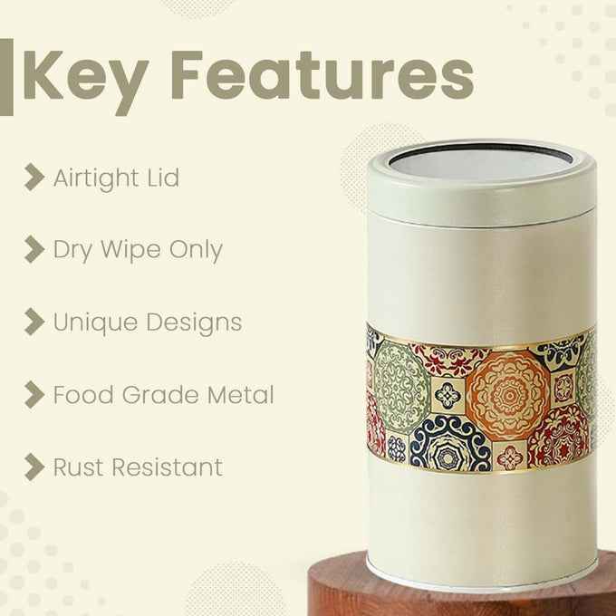 Mandala Beige Rangoli 850ml Food Grade Metal Jars Set of 2 M Size - Jarsome