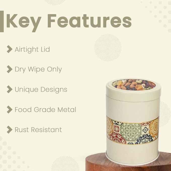 Mandala Beige Rangoli 1100ml Food Grade Metal Jars Set of 2 L Size - Jarsome