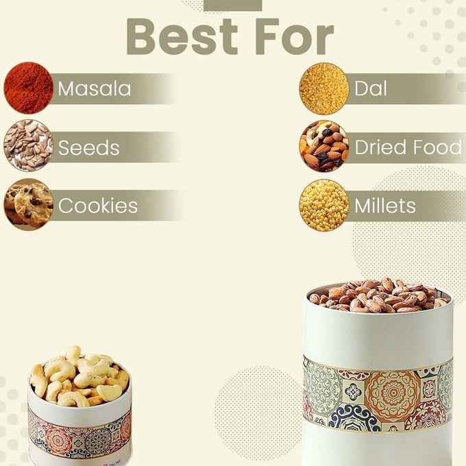 Mandala Beige Rangoli 450ml & 1100ml Food Grade Metal Jars Set of 4 (2S+2L) Size - Jarsome