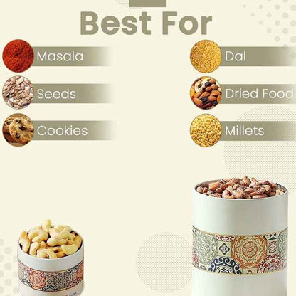 Mandala Beige Rangoli 450ml & 1100ml Food Grade Metal Jars Set of 4 (2S+2L) Size - Jarsome