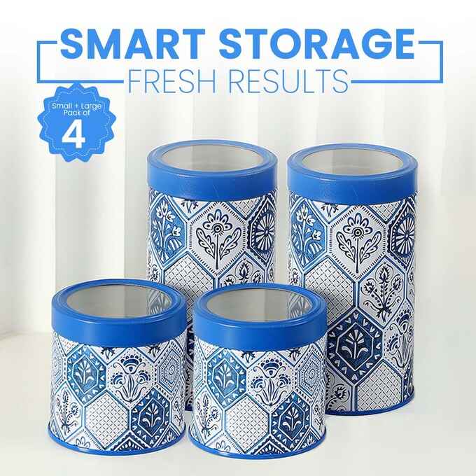 Moroccan Blue Pastel 450ml & 1150ml Airtight Lid Jars Set of 4 (2S+2L)  Size - Jarsome