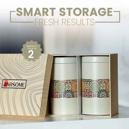 Mandala Beige Rangoli 850ml Food Grade Metal Jars Set of 2 M Size - Jarsome