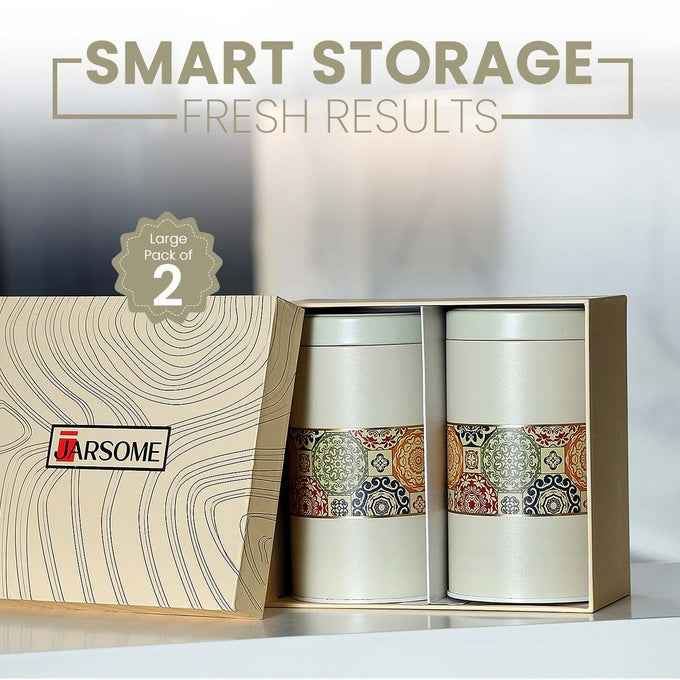 Mandala Beige Rangoli 1100ml Food Grade Metal Jars Set of 2 L Size - Jarsome