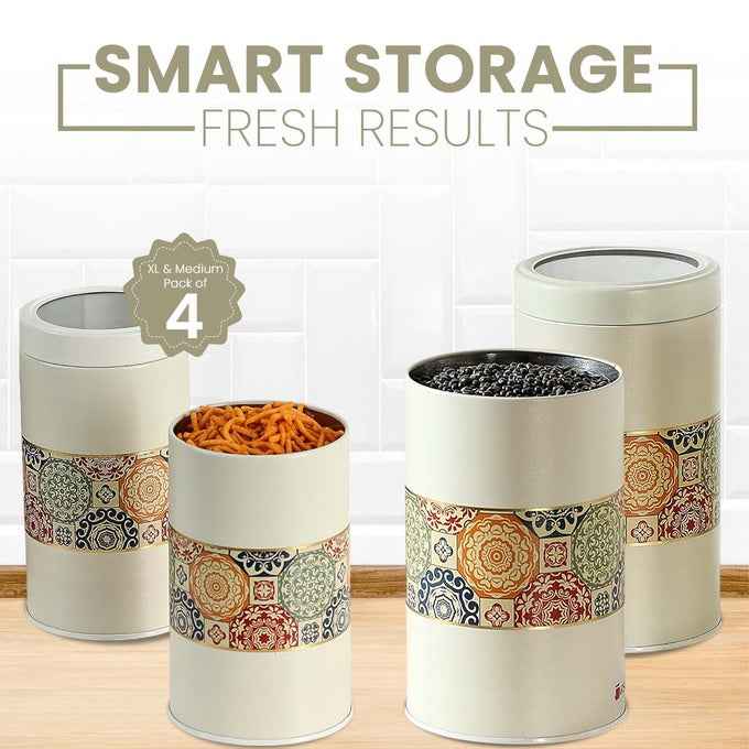 Mandala Beige Rangoli 850ml & 1400ml Food Grade Metal Jars Set of 4 (2M+2XL) Size - Jarsome