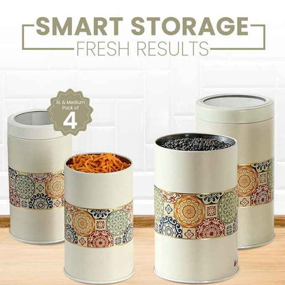 Mandala Beige Rangoli 850ml & 1400ml Food Grade Metal Jars Set of 4 (2M+2XL) Size - Jarsome