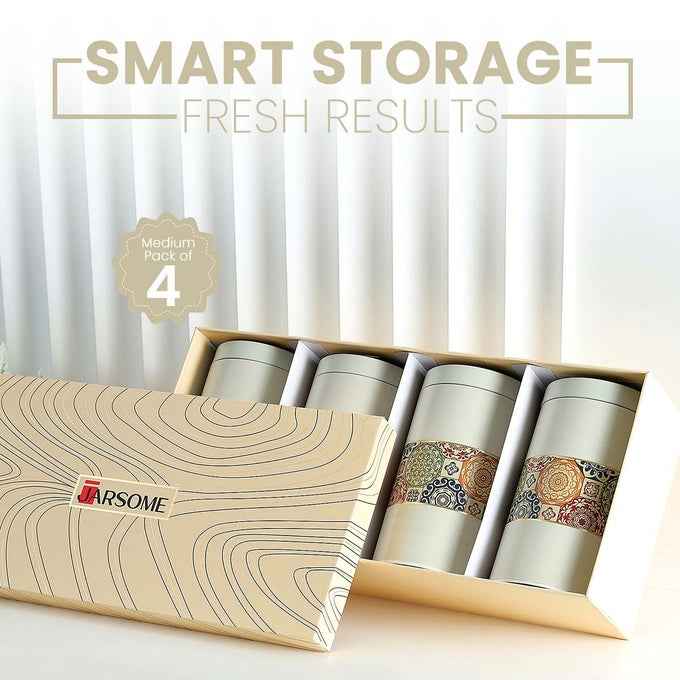 Mandala Beige Rangoli 850ml Food Grade Metal Jars Set of 4 M Size - Jarsome