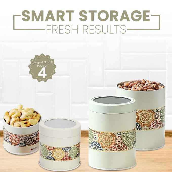 Mandala Beige Rangoli 450ml & 1100ml Food Grade Metal Jars Set of 4 (2S+2L) Size - Jarsome