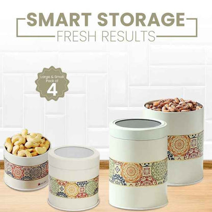 Mandala Beige Rangoli 450ml & 1100ml Food Grade Metal Jars Set of 4 (2S+2L) Size - Jarsome