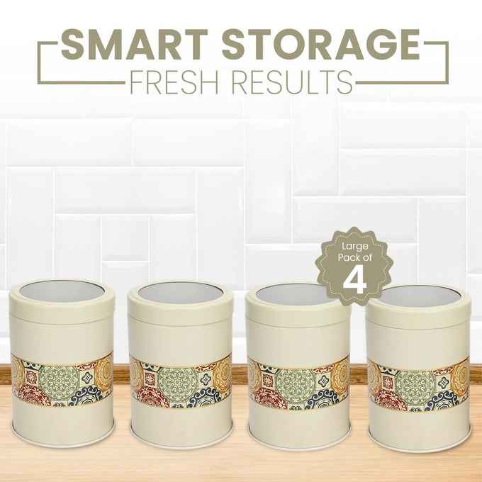 Mandala Beige Rangoli 1100ml Food Grade Metal Jars Set of 4 L Size - Jarsome