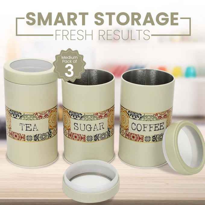 Mandala Beige Rangoli 850ml Food Grade Metal Jars Each Set of 3 M Size - Jarsome