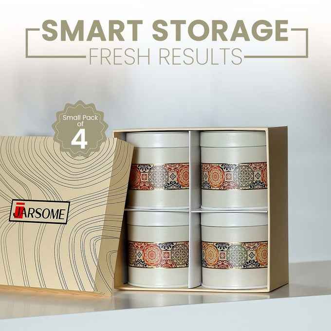 Mandala Beige Rangoli 450 ml Food Grade Metal Jars  Set of 4 S Size - Jarsome