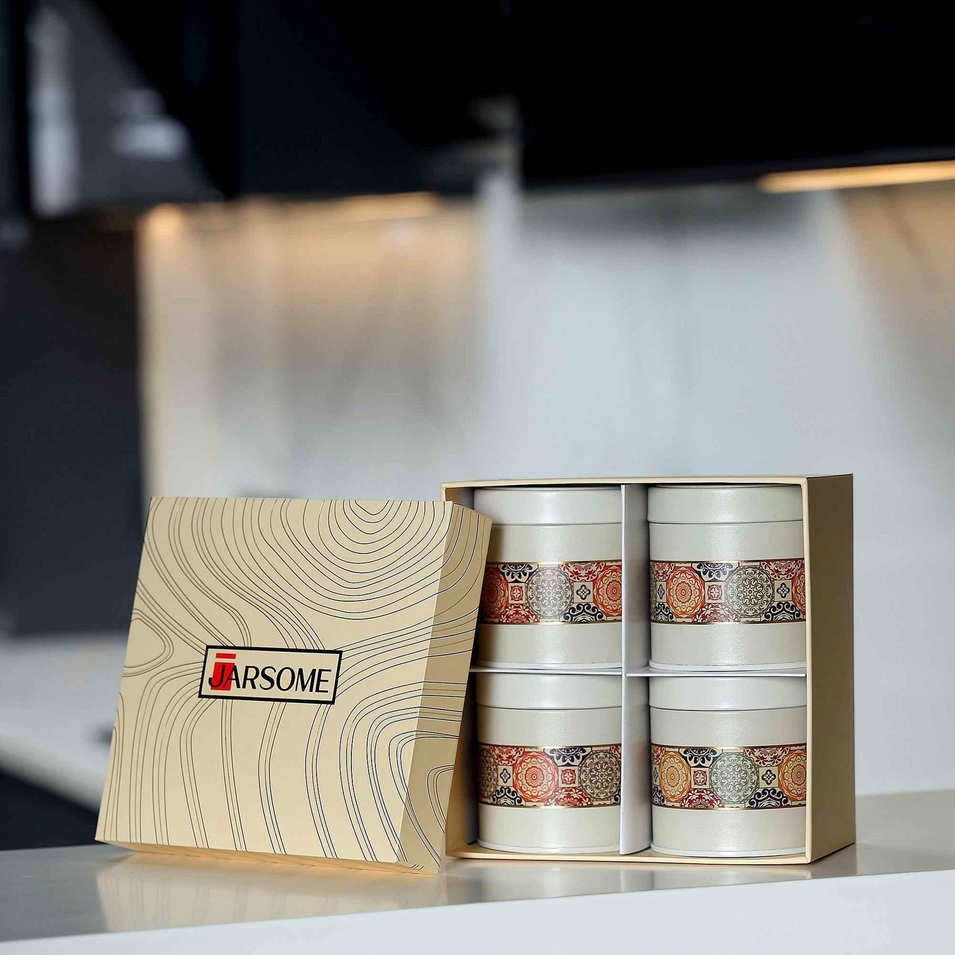 Mandala Beige Rangoli 450 ml Food Grade Metal Jars  Set of 4 S Size - Jarsome